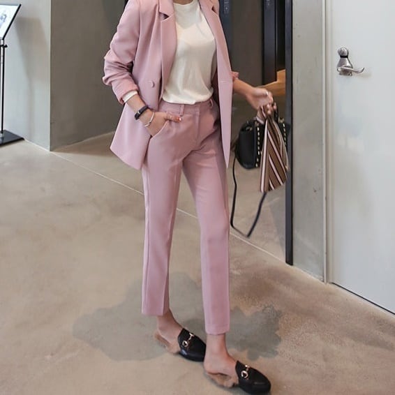 セットアップ スーツ パンツ ボトムス ジャケット ダブルブレスト 長袖 ロング アンクル丈 センタープレス ハイウエスト セミフレア ストレート 襟付き Vネック レトロ ビッグシルエット lsu0