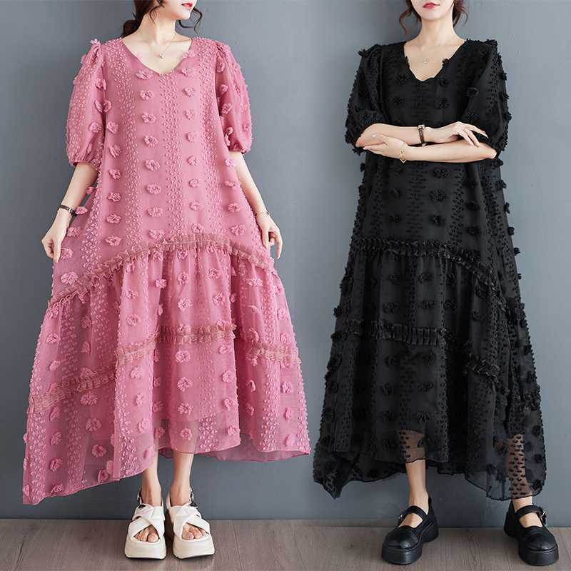 「ファットガール」 2025夏新品 花刺繍飾り ロングワンピース 大きいサイズ 体型カバー vネック レディース ワンピース メガ割