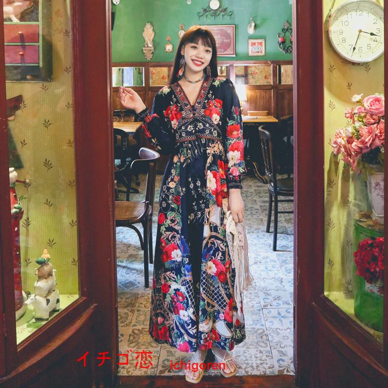 マキシワンピース レディース ロング丈 大人 ワンピ 花柄 夏秋 vネック カジュアル 着やせ きれいめ 撮影 パーティー 二次会 ゆったり 夏秋服 通気