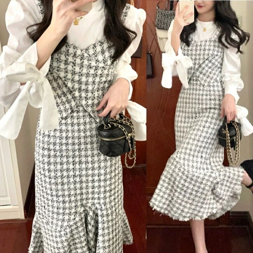 【新品追加】ジャンパースカート ジャンスカ ツイード マーメイド ワンピース マーメード チェック 韓国 ガーリー フェミニン リボン 春 夏 秋 レディース チェック柄 服 ロング丈 可愛い セミフ