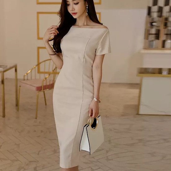 【取寄：納期2週間】結婚式ドレス オフショルダー シンプル ミモレ丈 スリム 半袖 発表会 演奏会 レディース 結婚式 ステージ衣装 エレガント ウエディングドレス カラードレス タイト シック