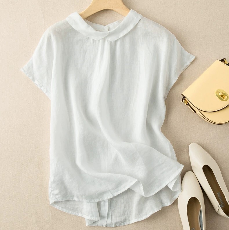 トップス ブラウス 清楚 自然体 袖あり 半袖 襟付き タイト 細身 麻 リネン 薄手 かわいい 可愛い きれいめ シンプル 大人 上品 おしゃれ お洒落 レトロ 大人可愛い 大人女子 こなれ感