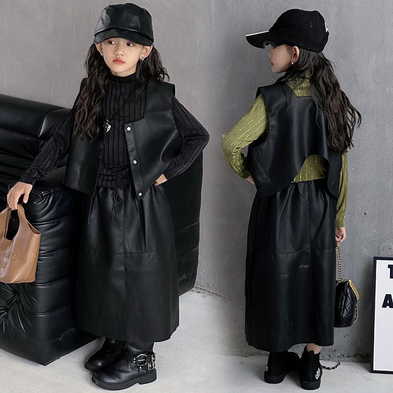 女の子春秋ワンピース2024女の子おしゃれ冬服ブラックスカートスタイルスーツスカート