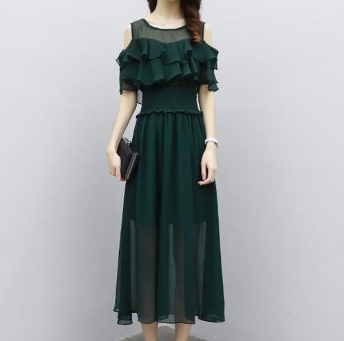 1405.シフォンストラップドレス（グリーン）結婚式 女子会 発表会 二次会 ドレス お呼ばれ パーティー セレブ 女優 同窓会 お茶会 オフィス OL 普段着 2019 春夏 sale 100,000円