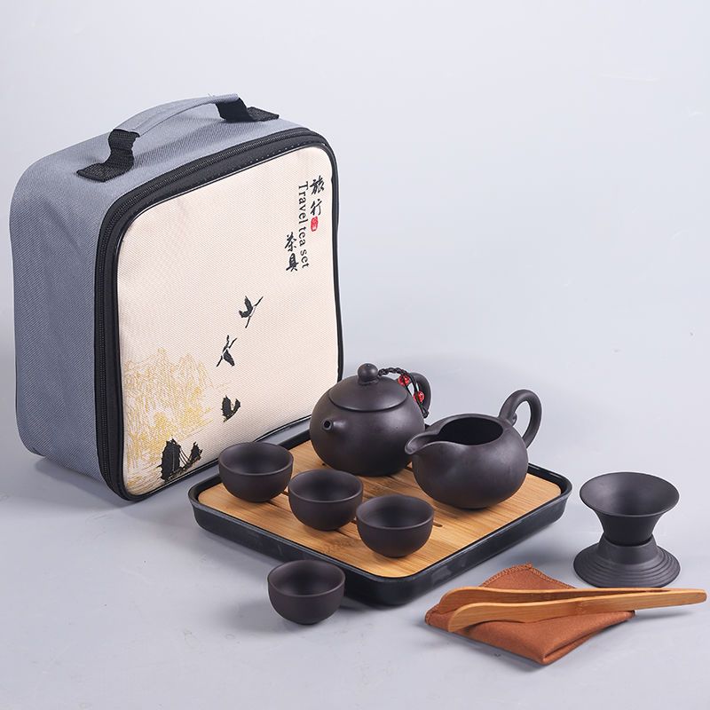 パープルサンドトラベルティーセット小セットワンポット4カップポータブルバッグアウトドアオフィスセラミックティーポットギフトカスタマイズ