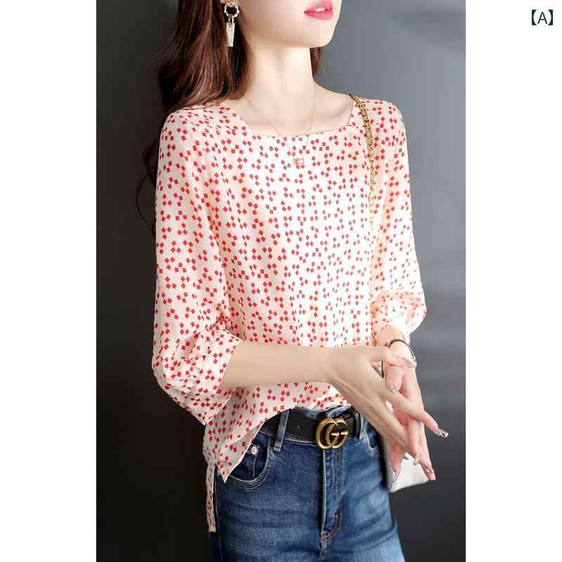 トップス レディース おしゃれ 上品 通勤 オフィス カジュアル 七分袖 スクエアネック シャツ 夏 美しい 薄手 涼しい 涼しい 正方形 シフォンシャツ