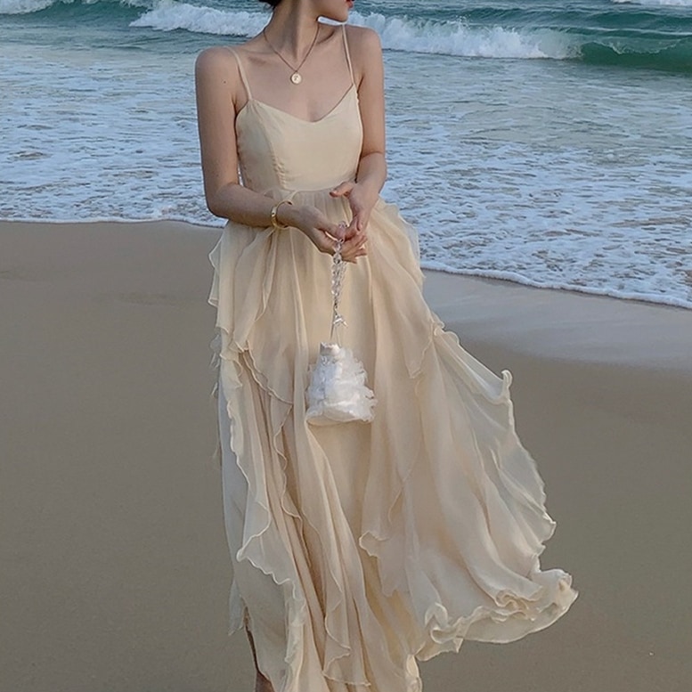 ワンピース レディース キャミソールワンピース フリル シフォン ロング ドレス ハイウエスト