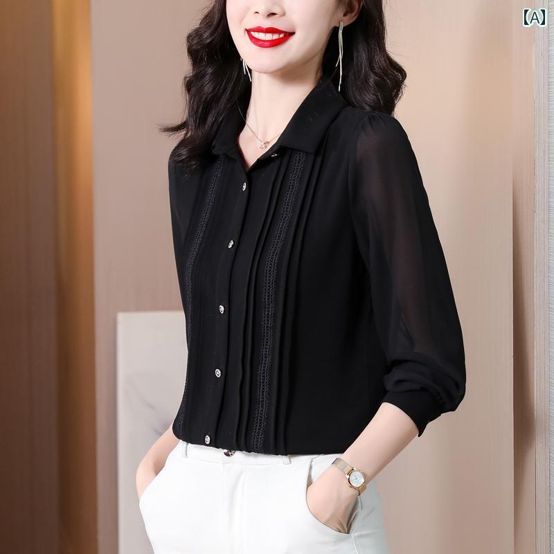 レディース　シャツ　レース 杭 州 ビッグ の シルクシャツ レディース 長袖 黒の 小さい シャツを 含む 初秋 高級 桑 シルク トップ 5,243円