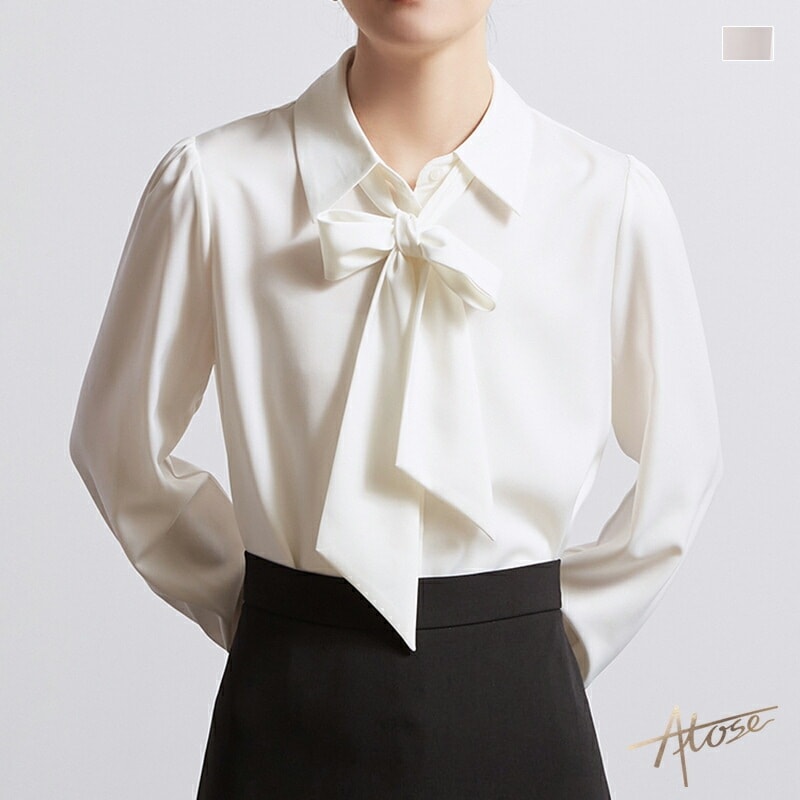 【2点購入で150OFF】【短納期】ボウタイデザインブラウス シャツ リボンタイ レディース トップス ベーシック 高級感 光沢感 透けにくい 大きいサイズ 長袖 リボン りぼん モダン オフィスカジ