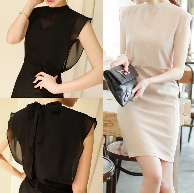 シースルーレイヤードワンピース バックリボン 韓国ファッション パーティードレス 結婚式