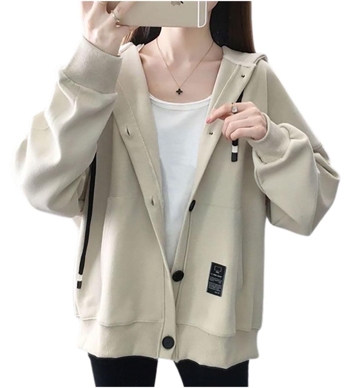 [チュナッチ] 薄手 カジュアルウエア リラックス ボタン レディースパーカー トップス ゆったり 長袖 春 ジャージ フード付き スポーツ アウトドア カジュアル ビッグシルエット オオキイ サイズ