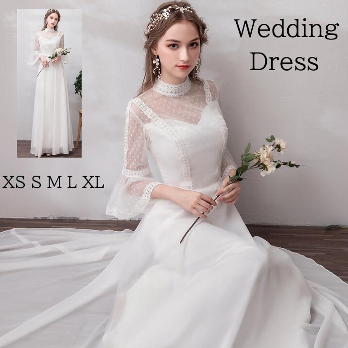 【短納期】ウェディングドレス イブイングドレス 森系 結婚式 前撮り後撮り フレア袖 シースルー レース 白ドレス シンプル 高級感 バックファスナー ロング 花嫁ドレス パーティードレス 挙式 海外