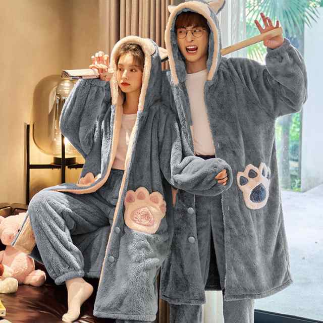 パジャマ ペアパジャマ カップル 冬 もこもこ レディースメンズパジャマ 前開き ルームウェア 上下セット 長袖 猫耳 肉球 猫柄 ねこ耳 ネコ耳 星の柄 ウサギ 兎耳フード うさぎ耳 パーカー かわ