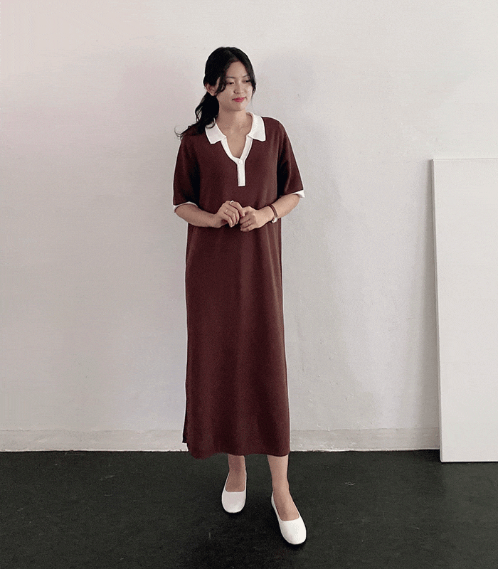 カラー ニット 半袖 ワンピース