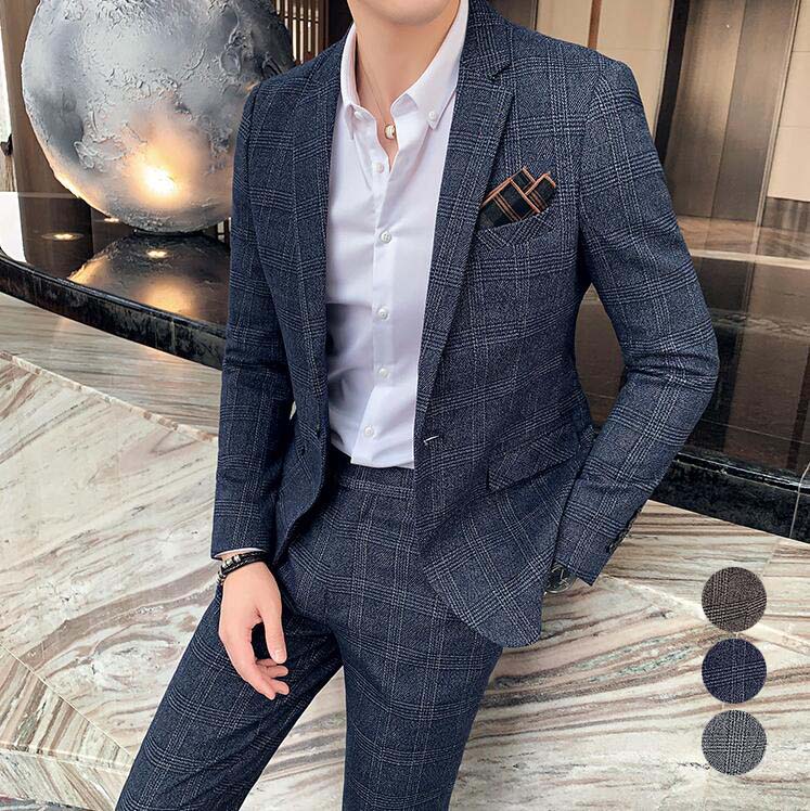 スーツチェック柄メンズスーツセットジャケット+パンツ+ベストビlジネススーツセットアップフォーマルスーツ紳士服スリムスーツ３点セットメンズ結婚式スーツ通勤披露宴司会舞台パーティー成人式父の息子プレゼン