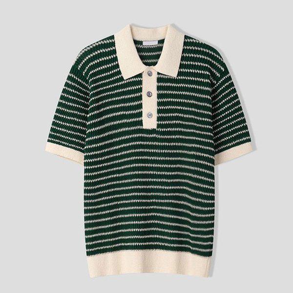 メンズ ストライプ ブークレ カラーネック 半袖 ニットTシャツ AS-KNH-Q001-グリーン