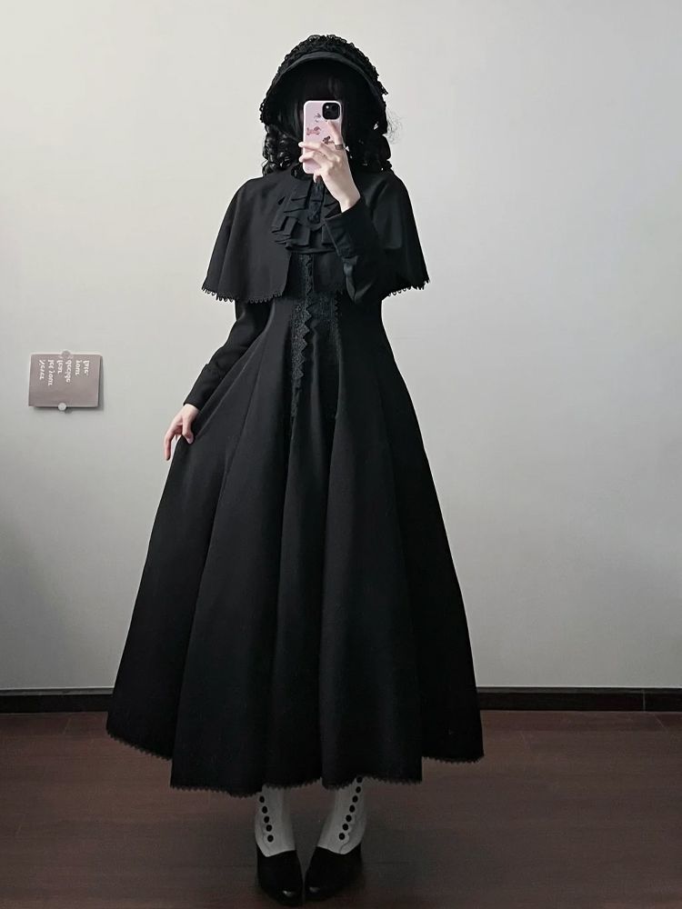 ブラック ゴシックテイスト ケープ & ストール セット 長袖 ウエスト絞り スリムシルエット OPワンピース 2026新作