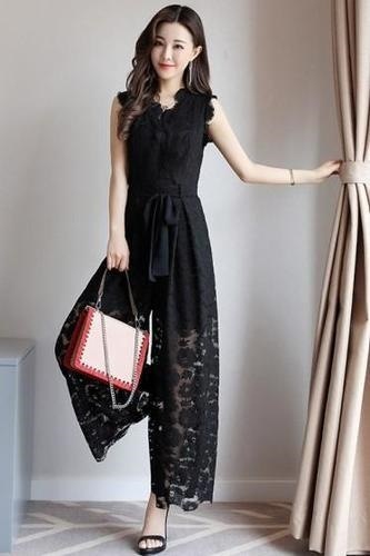 1423．ノースリーブワイドパンツドレス（ブラック）　レースセットアップ　オールインワン パンツドレス パーティードレス　 ガウチョパンツ　 フォーマルドレス 　二次会　 発表会　 披露宴 通勤　20