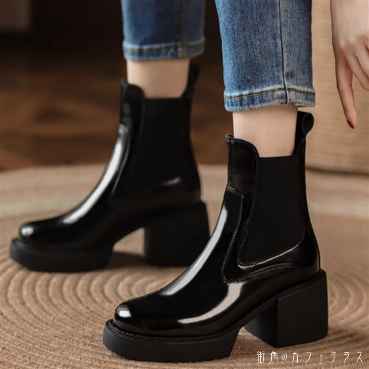 シューズ 靴 ブーツ レインブーツ ハイヒール 丸トゥ ラウンドトゥ ごつごつ PU フェイクレザー レザー 革 合皮 光沢 つや エレガント 可愛い 大人可愛い きれいめ シンプル カジュアル シッ