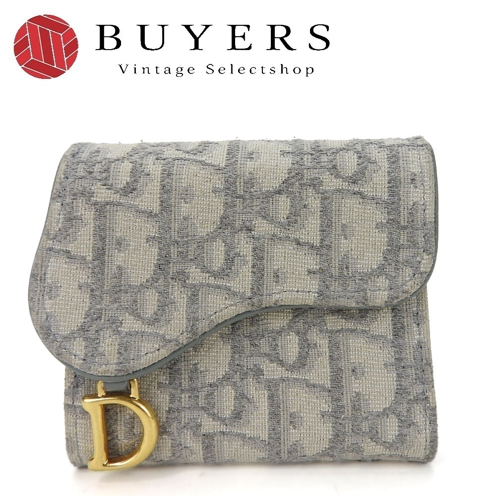 中古 三つ折り財布 トロッター キャンバス レザー グレー ゴールド金具 コンパクト 小物 普段使い レディース 女性