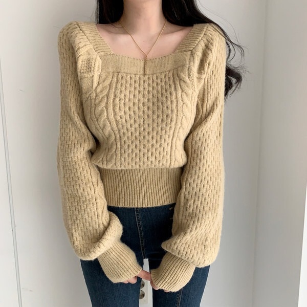 セーター プルオーバー 長袖 ショート丈 マトンスリーブ スクエアネック ウエストマーク 韓国 レディース かわいい 大人可愛い きれいめ シンプル 上品 おしゃれ かっこいい レトロ