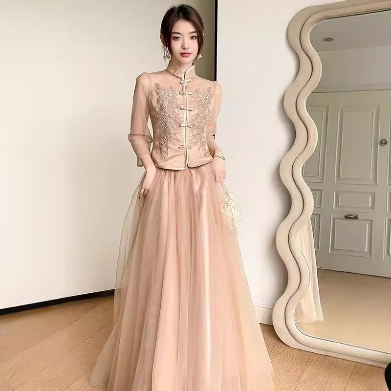 花嫁介添人スーツ2025秋と冬のピンクの長い妖精の結婚式の姉妹グループ女性のためのドレス