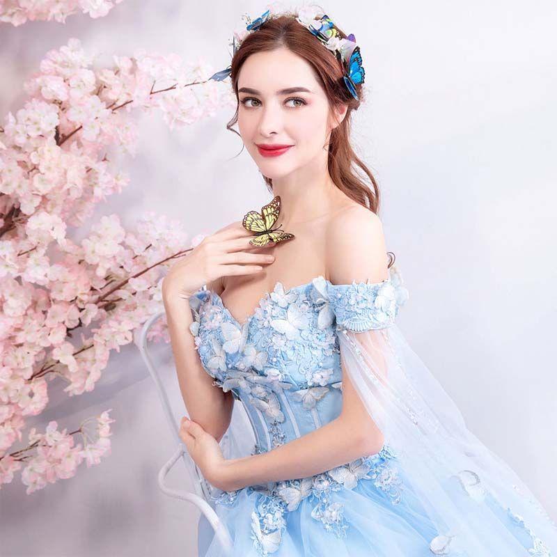 きれいめ レディース ファッション ウエディングドレス カラードレス バックシャンドレス 編み上げ 二の腕カバー オフショル 花嫁 二次会 ブルー ウエディングド30%までに制限