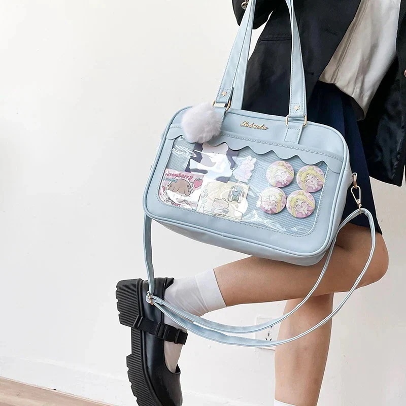 Jkバッグ女性の新しい透明ハンドバッグかわいい少女レースpuシングルバッグソフト妹二次元バッグ