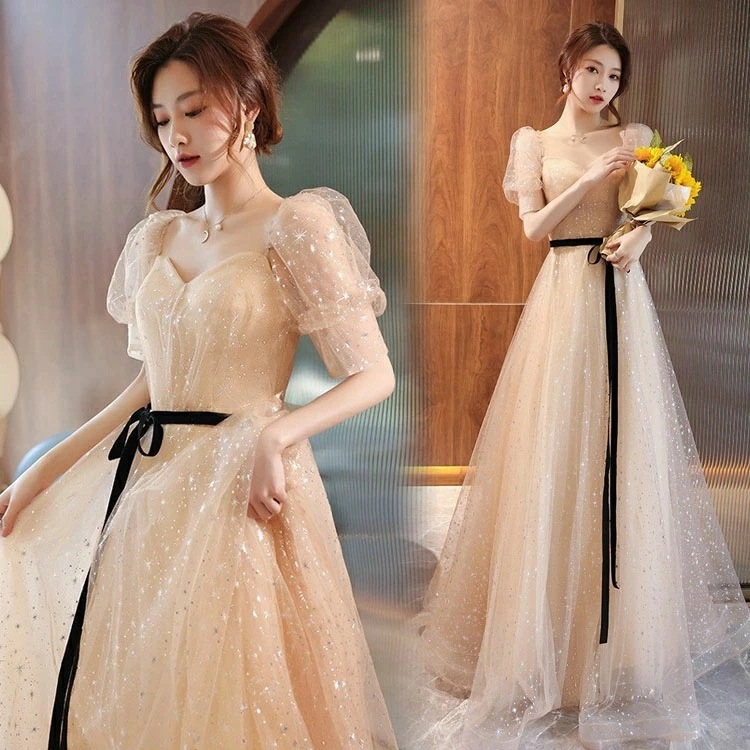 イブニングドレス ロングドレス シャンパン色 発表会ドレス パフスリーブ 結婚式ドレス 二次会ドレス パーティードレス Aライン ウエスト結び付き リボン オシャレ お呼ばれドレス Vネック ロング