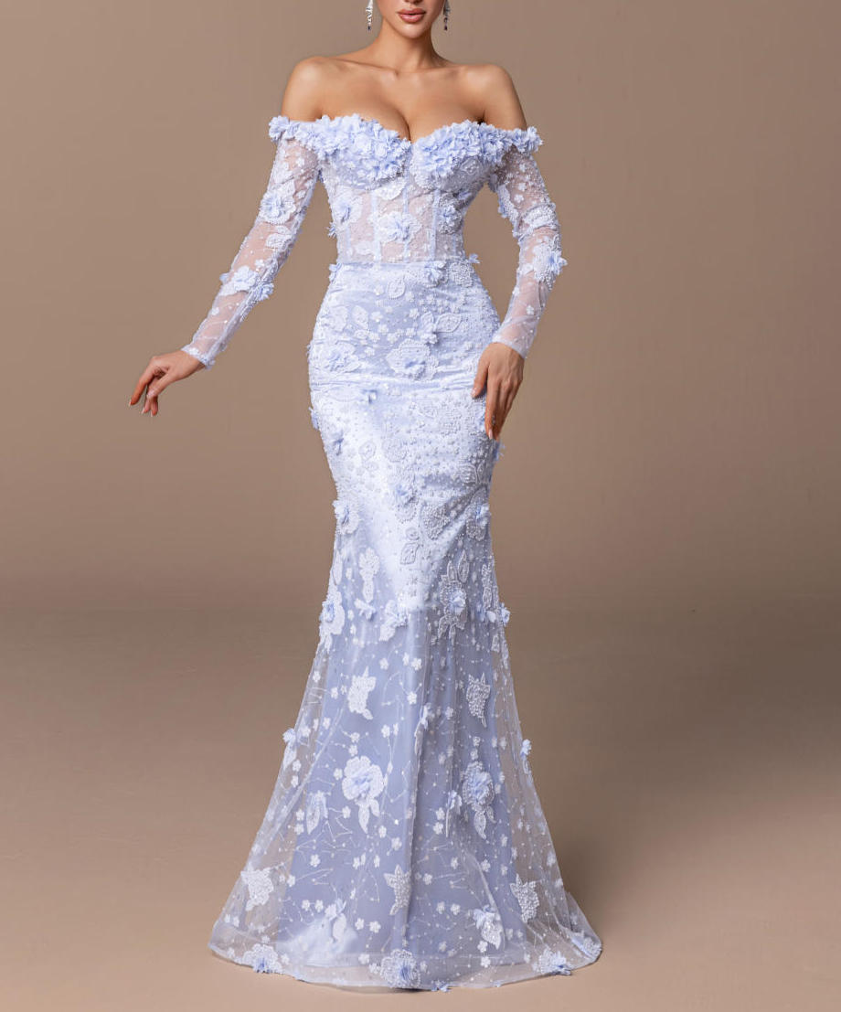 ウェディング·パーティー·ドレスグラマー エレガントなマーメイドイブニングドレス オフショルダー シアーロングスリーブ - フローラルビーズワーク 高級イブニングパーティー