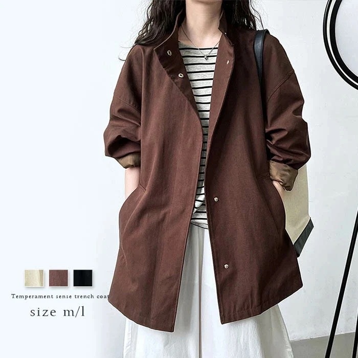 在庫僅少トレンチコート レディース 春 きれいめ ショート丈コート 綿 コットンスタンドカラー ゆったり アウター 秋物 秋服 コート ジャケット リヨセル 無地 大きいサイズ おしゃれ きれいめ 体