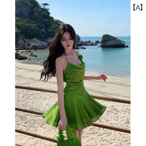 ワンピース レディース 大人 フレンチ グリーン ホルターネック 夏 ドーパミン 海辺 リゾート スタイル aライン ドレス きれいめ