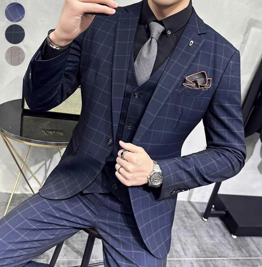 フォーマルスーツ 紳士服 韓国風 スリムスーツ メンズスーツセット ビジネススーツ スリーピース スーツ チェック柄 シングルスーツ セットアップ ジャケット+パンツ+ベスト 3ピーススーツ 結婚式ス