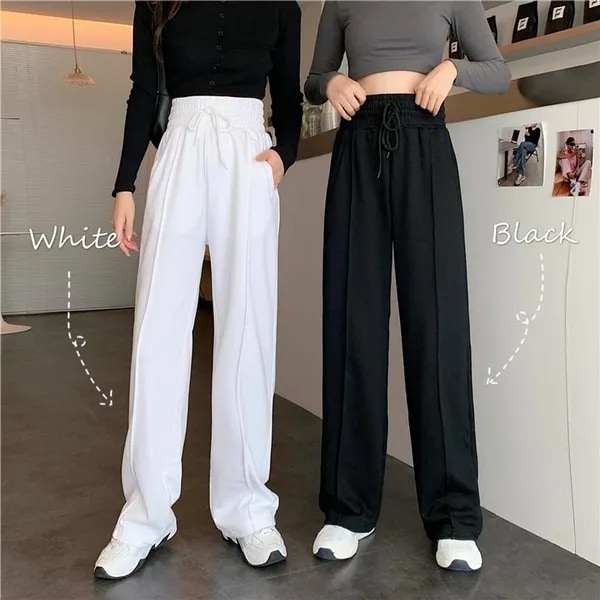 New High-waisted Pants Drawstring M-XL Wide Leg Pants Women Cool Black White Casual Harajuku BF Swea