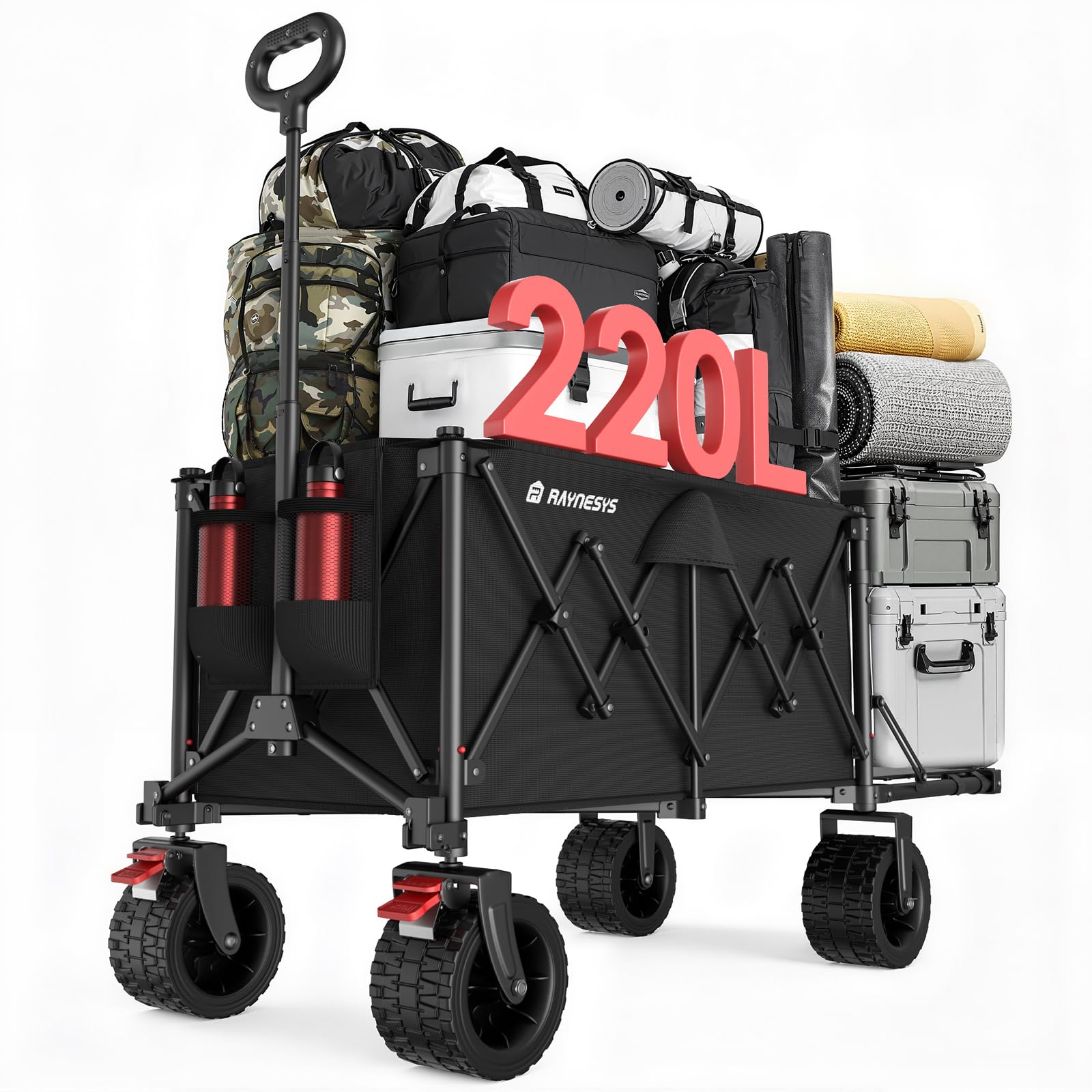 Raynesys キャリーワゴン 大容量150L~220L 耐荷重200kg 後部展開可 長物対応 折り畳み式 ワンタッチ収束 持ち運び便利 コンパクト 自立収納 静音 頑丈スチール 多地形対応 キャ