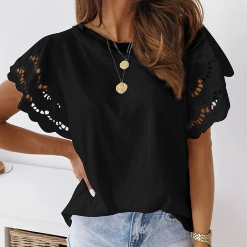 トップス Tシャツ 半袖 フレンチスリーブ ラウンドネック ストレート Iライン レース 透け感 薄手 かわいい 大人可愛い きれいめ 大人 上品 おしゃれ お洒落 エキゾチック 大人可愛い 大人女子