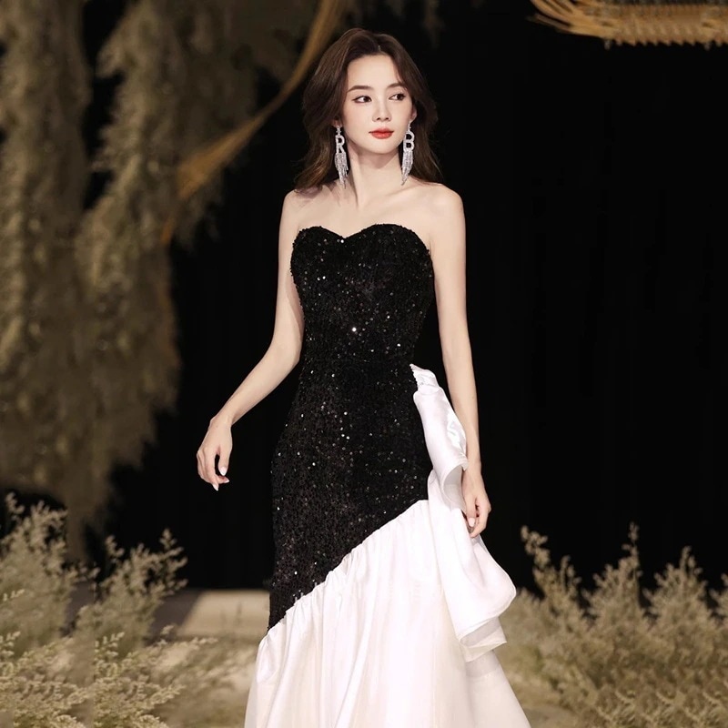 ワンピースドレスドレス女性のための黒い魚金のドレスハイエンドバンケット気質ストラップレスホストドレス
