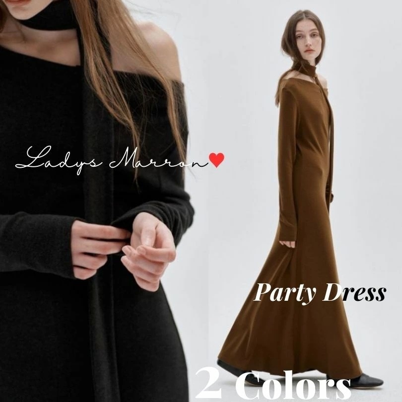 【即納】ワンショルダードレス ロングドレス お呼ばれドレス 結婚式 パーティードレス 冬 かっこいい ニットドレス アシンメトリードレス モード 黒ドレス 黒ワンピース 同窓会ドレス 成人式ドレス ワ