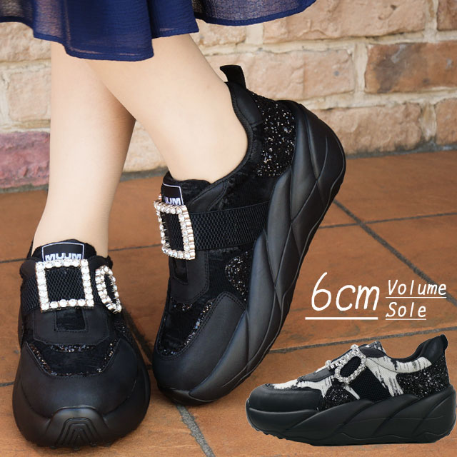 ムーム 厚底 スニーカー レディース スリッポン ボリュームソール ミドルカット カジュアルシューズ バックル WX2500 ブラック 黒 ブラックコンビ MUUM 靴