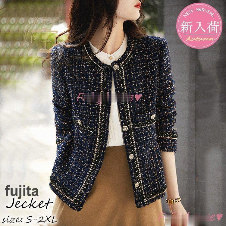 ツイードジャケット レディース 40代 長袖ノーカラー ジャケット チェック柄 ショット丈ツイードコート 春コートアウター 秋服 大人韓国風 通勤OL 結婚式 入学式