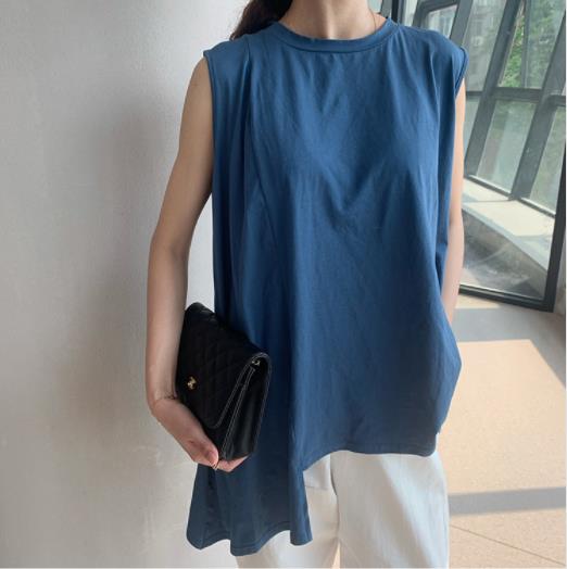 サイド不規則なステッチデザイン気質光調理された風の日本語と韓国の丸い首のノースリーブTシャツの夏