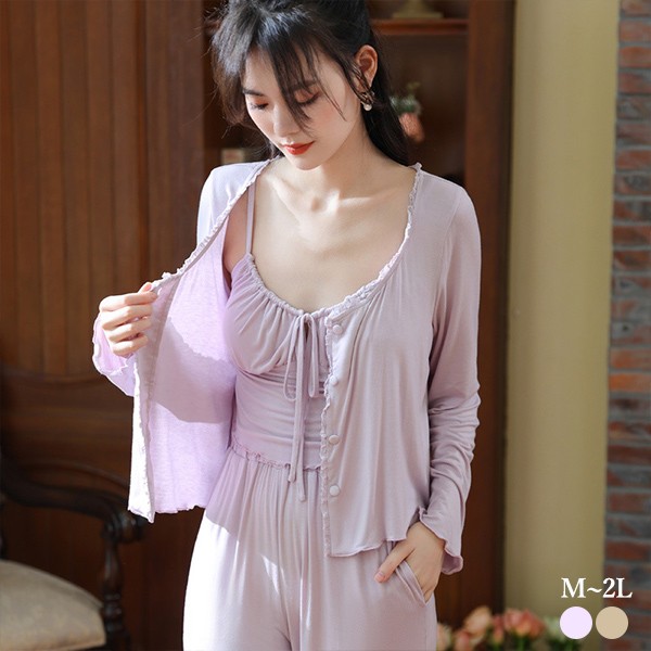 パジャマ レディース 長袖 前開き 大きいサイズ 春 夏 薄手 無地 3点 上下セット キャミソール 長ズボン カーディガン Vネック ナイトウェア ガーリー かわいい 部屋着 寝間着 寝巻き 婦人