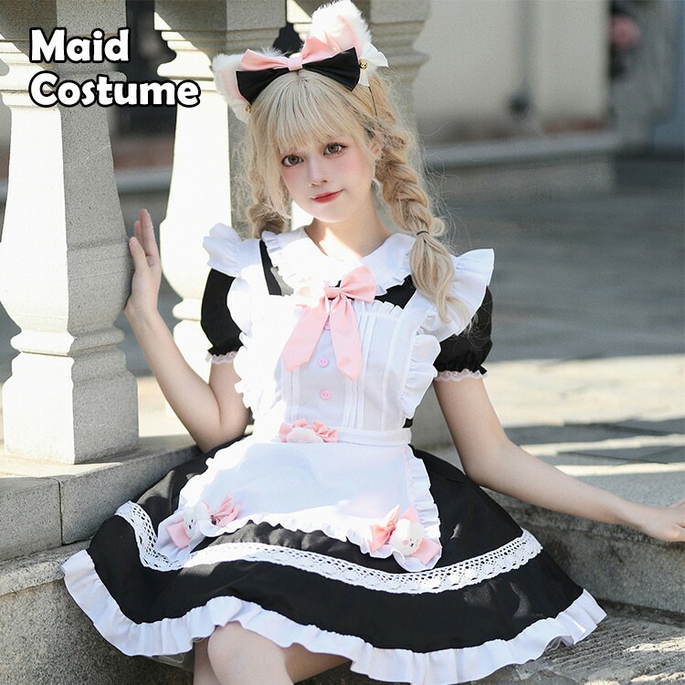 メイド服 ワンピース エプロン ネコミミ メイド レディース 配色 ワンピ コスプレ 正統派メイド かわいい 4,687円