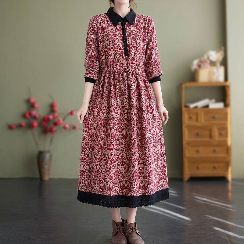 レディース ワンピース シャツワンピ フレア 膝丈 長袖 Vネック 襟付き 角襟 Aライン フェミニン リボン ウエストマーク ウエストリボン ハイウエスト バイカラー 配色 かわいい 大人可愛い