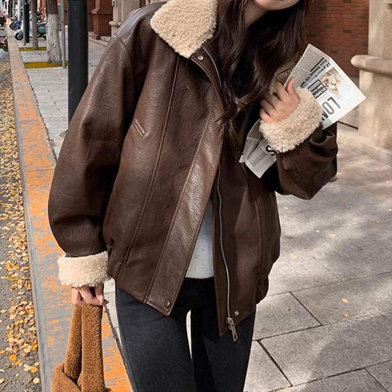 【売れ筋】 レザー裏ボアジャケット フェイクレザージャケット レディース ジャケット コート アウター ボア フェイクレザー ボアジャケット オーバーサイズ ワイド かわいい ボアコート フェミニン