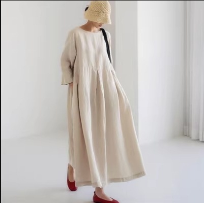 ワンピース ロング丈 マキシ丈 袖あり 長袖 クルーネック 襟なし デザイン 美ライン ニュアンス レイヤード ハイウエスト ドレープ 軽やか カラバリ リラックス かわいい 大人可愛い きれいめ