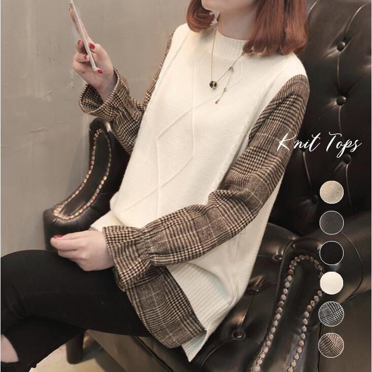 セーター 重ね着風 切り替え セーター チェック袖 プルオーバー 長袖 レディース トップス 秋冬物極速出荷