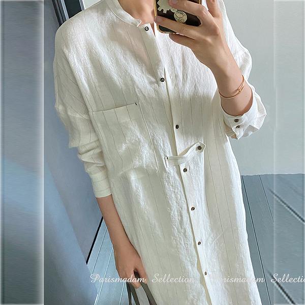 底値価格麻のシャツワンピース　ロングシャツ　ストライプ　スタンドカラー　長袖　ほっそり効果大 20代30代40代50代60代　ミセス