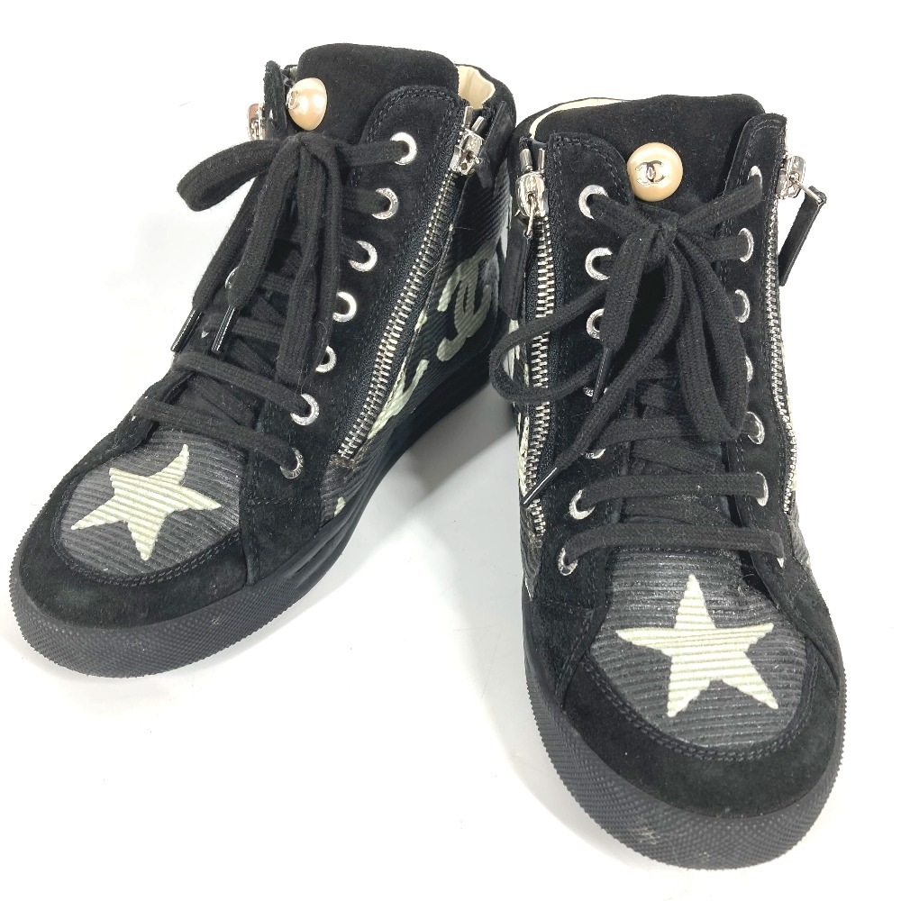 スニーカー G30243 スター フェイクパール ジップ 星 14A CC ココマーク ハイカット 靴 シューズ キャンバス/レザー ブラック