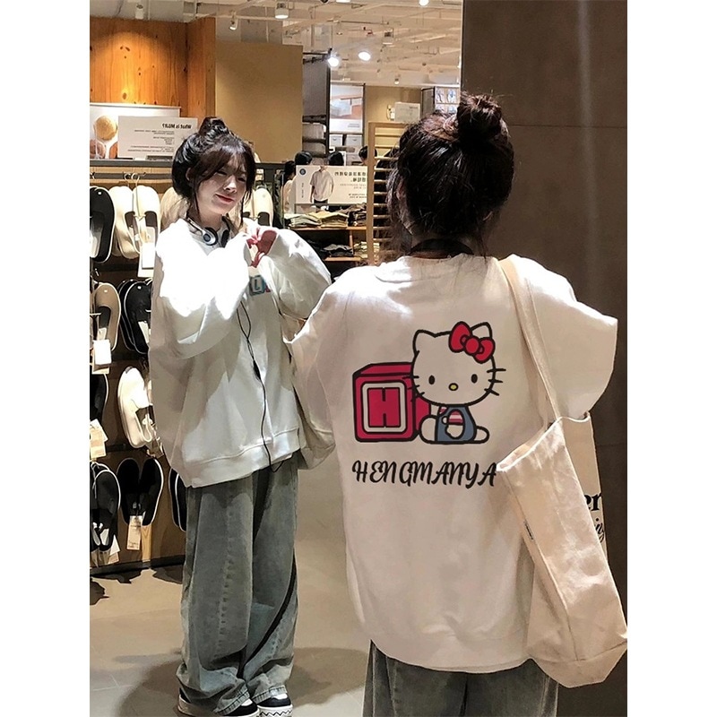 18.オーバーサイズ スウェットシャツ 長袖ジャケット 日本のカレッジスタイル ハローキティ 春秋新作 ラウンドネック ハローキティ レディース